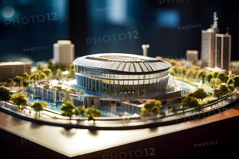 Scale model of soccer stadium on a polished conference table, AI generated