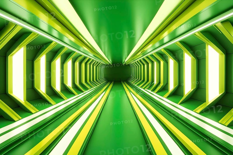 Abstract geometric pattern tunnel structure embodying data streams and communication in green hues, AI generated