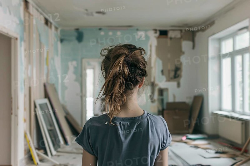 Back view of young woman in apartment room with walls in need of renovation. Generative AI, AI generated