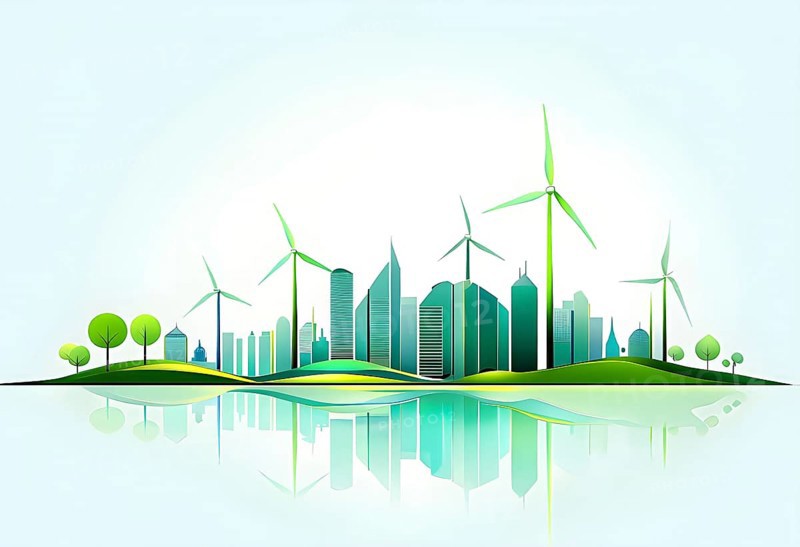 Abstract visual illustration of a city skyline where buildings morph into wind turbines and tree, AI generated