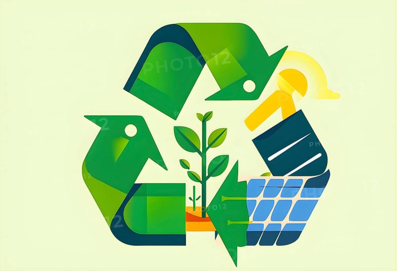 Recycling symbol morphing into growing plants and solar cells to symbolize the transformation of waste into renewable resources, AI generated