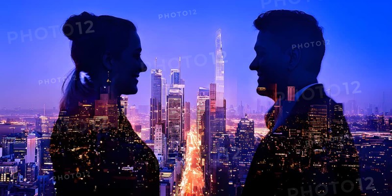 AI generated profile of business professionals with a double exposure of city lights, representing business success against an evening sky