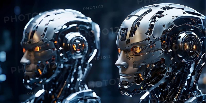 Advanced humanoid robot heads illustrating future robot concepts, AI generated
