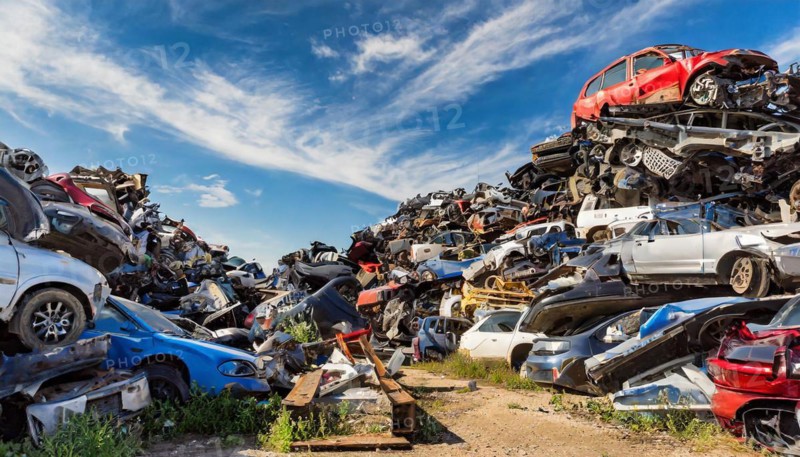 Symbolism, large junkyard with wrecked cars, scrap cars, scrap metal, AI-generated, AI-generated, AI generated