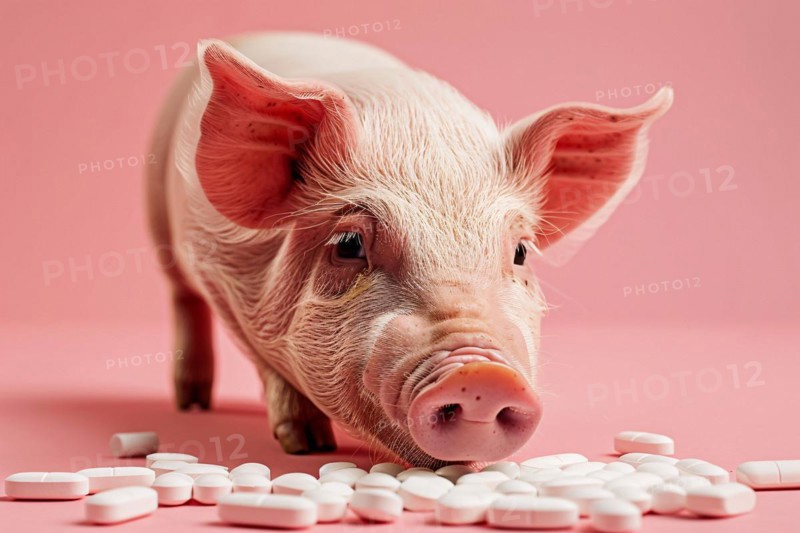 Pig next to medical pills on studio background with copy space. Concept for antibiotics use in livestock and antibiotic resistance. KI generiert, generiert, AI generated