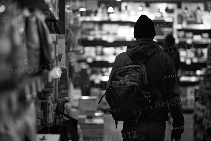 A darkly dressed man with a cap and rucksack in a shop, salesroom, symbolic image for shoplifting, AI generated, AI generated, AI generated