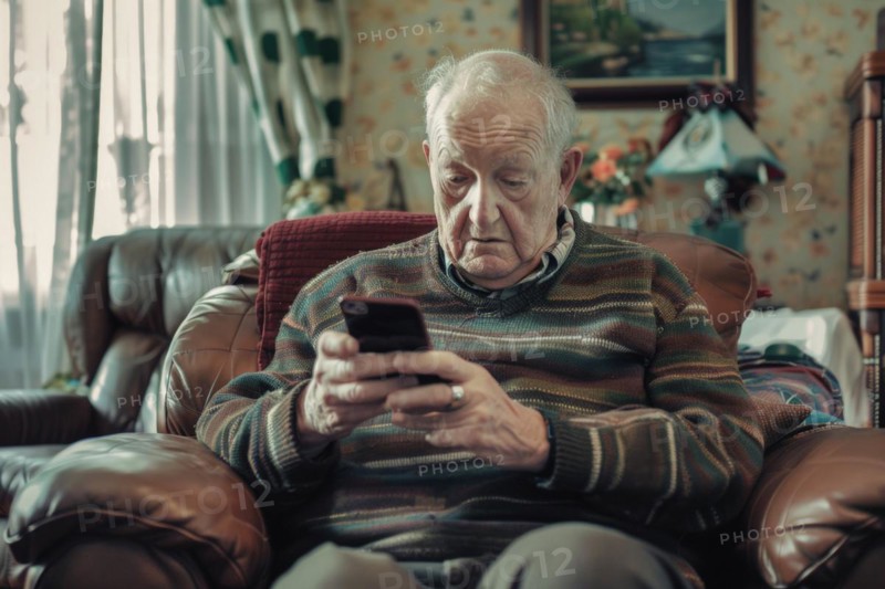An elderly gentleman sits in his armchair in his living room and looks at his smartphone, worried, frightened, unsettled, symbolic image for fraud against senior citizens, grandchild trick, shock calls, disclosure of personal data such as password, bank details, media competence, home address, AI generated, AI generated, AI generated