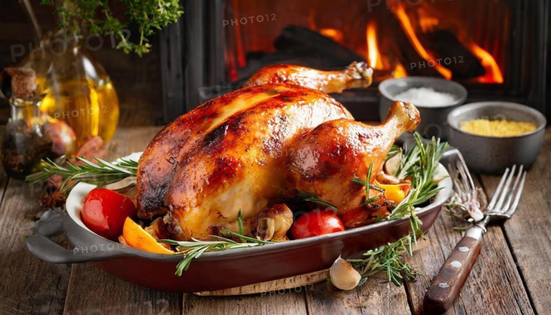 Food, whole grilled chicken in front of the oven, AI generated, AI generated