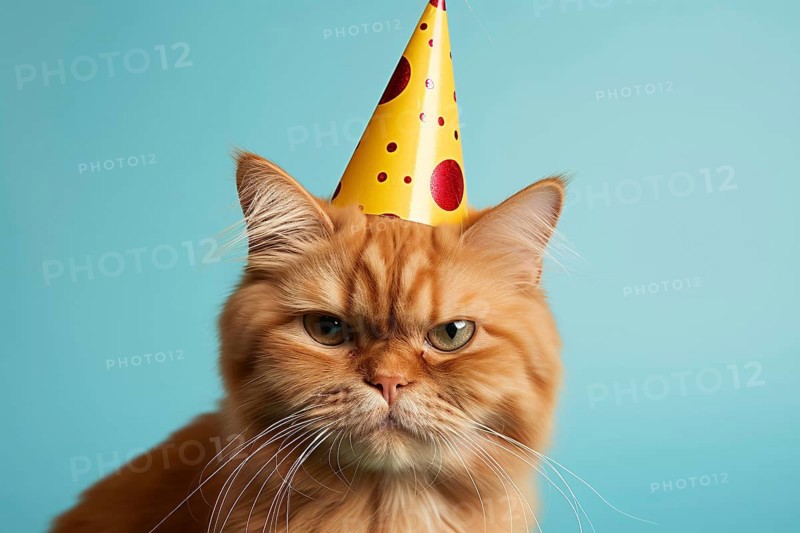 Angry looking ginger car with birthday party hat on blue background. KI generiert, generiert AI generated