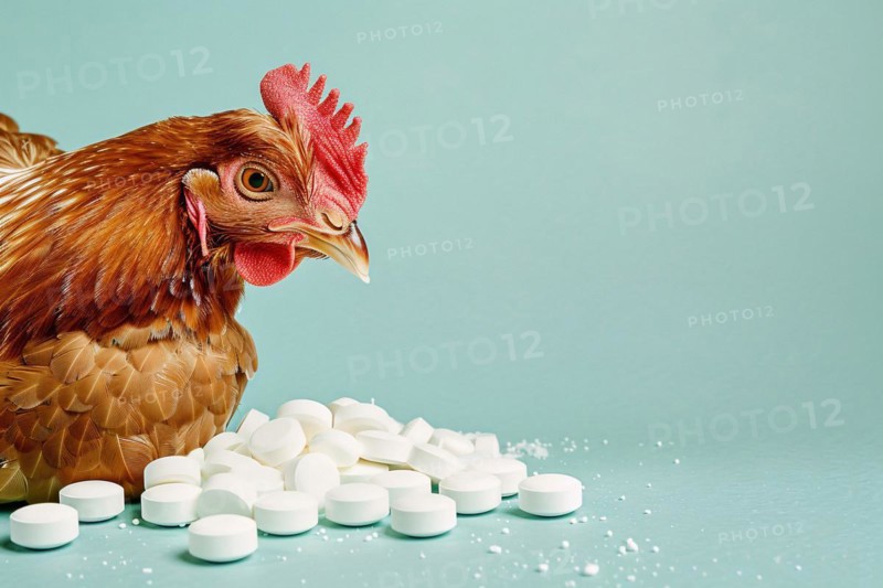 Chicken next to medical pills on blue studio background with copy space. Concept for antibiotics use in livestock and antibiotic resistance. KI generiert, generiert AI generated