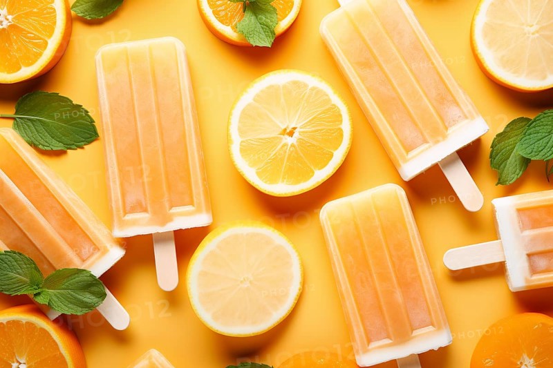 Orange ice popsicles with fruit. KI generiert, generiert, AI generated