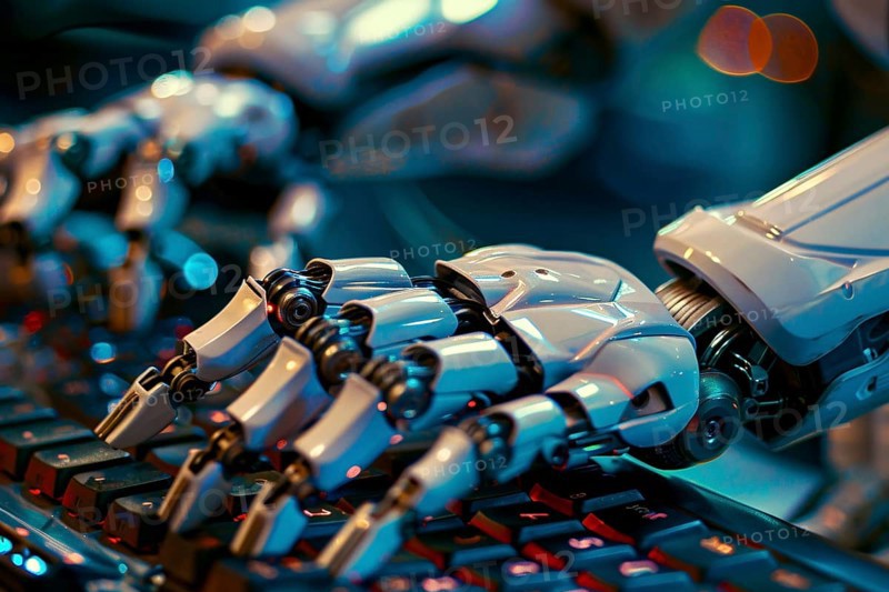 Close up of white artificial intelligence android robot hand writing text on compurter keyboard. Generative Ai, AI generated