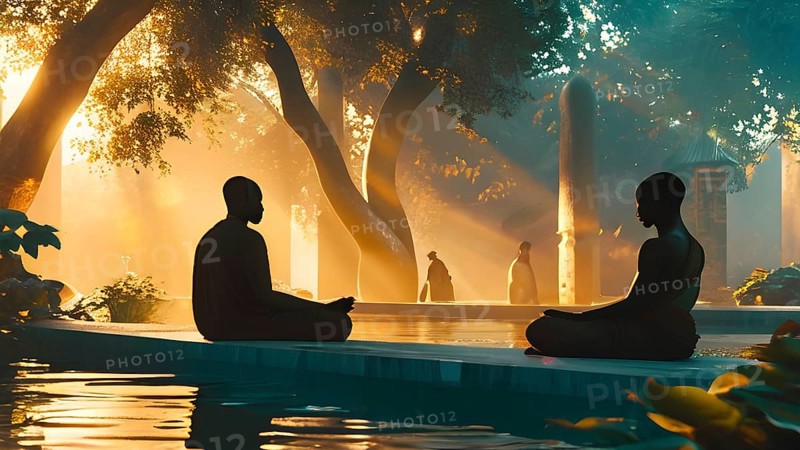 Illustration of a tranquil meditation session scenery in an idyllic garden, AI generated