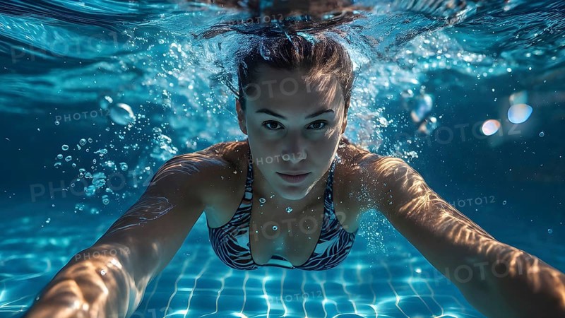 Female athlete in an innovative swimsuit emulating shark skins textures, AI generated