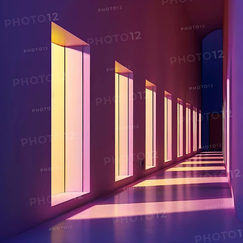 Windows aligned within an elongated tunnel permeated with gradients of soft yellow and pink hues, AI generated