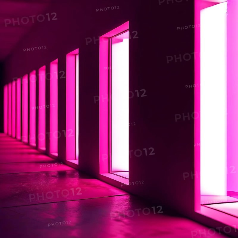 Windows aligned within an elongated tunnel permeated with gradients of magenta hues, AI generated