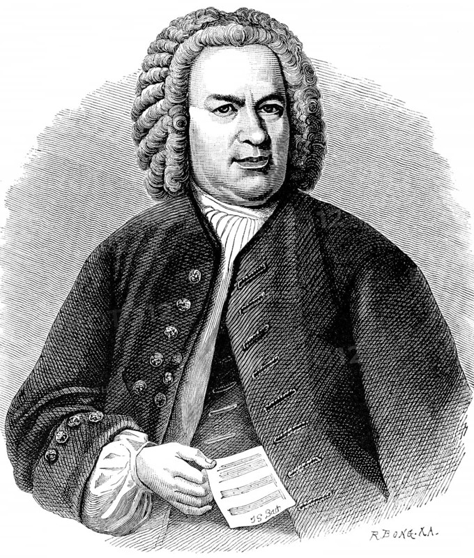 Johann Sebastian Bach (1685-1750) portrait, versatile, famous Baroque composer, composed for harpsichord, organ and violin, cantor of St Thomas' Church in Leipzig, sheet music, history of German music, historical illustration 1892
