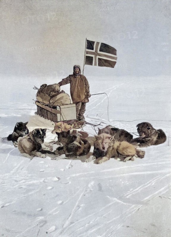 Captain Roald Engelbregt Gravning Amundsen 1872 to 1928 At the South pole under the Norwegian flag Norwegian explorer of the polar regions From the book The Year 1912 illustrated published London 1913, Historic, digitally restored reproduction from a 19th century original, Record date not stated
