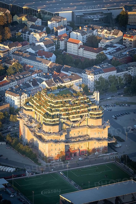 Aerial view of Grüner Bunker St. Pauli at sunset, Hamburg, Germany, Europe