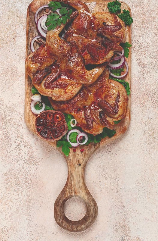 Fried, quail meat, tobacco (tapaka), with spices, homemade, no people