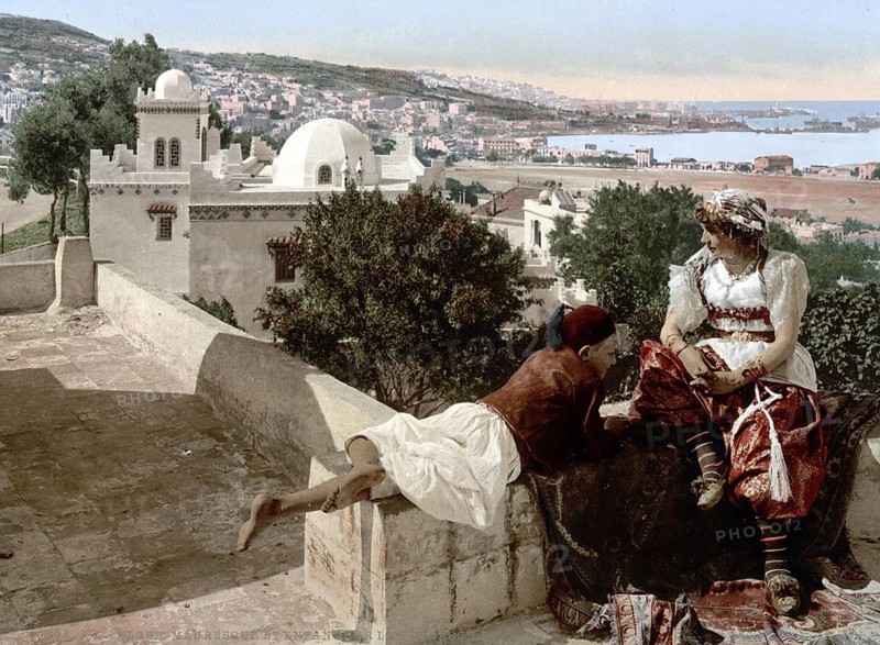 Moorish Woman and Child on a Terrace, Algiers, Algeria, ca 1890, Historic, digitally restored reproduction from a 19th century original, Record date not stated, Africa