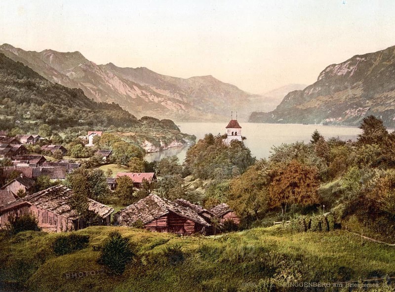 Ringgenberg und Lake Brienz, Bernese Oberland, Switzerland, Historic, digitally restored reproduction from a 19th century original, Record date not stated, Ringgenberg and Brienz Lake, Bernese Oberland, Switzerland, Historic, digitally restored reproduction from a 19th century original, Record date not stated, Europe
