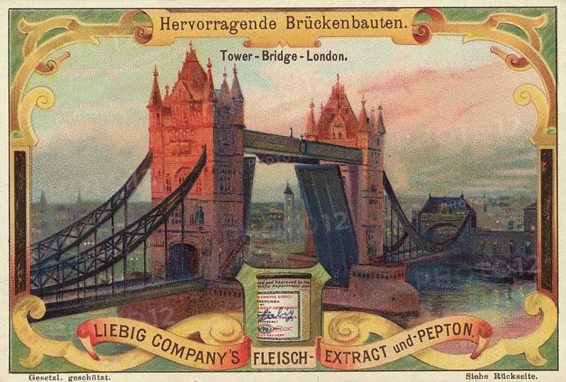 Picture series Outstanding Bridge Buildings, Tower Bridge in London, England, Liebig picture, digitally restored reproduction of a collector's picture from around 1900, public domain, exact date unknown, depiction of Tower Bridge in London at sunset with an open bridge