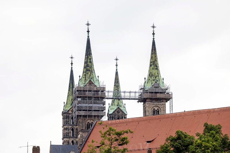 City view, construction work with scaffolding at St Michael's Church, Michaelsberg Bamberg, Upper Franconia, Bavaria