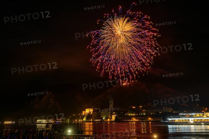 Solstice fireworks with a view of Dürnstein, Rossatz-Arnsdorf, Lower Austria, Austria, Europe