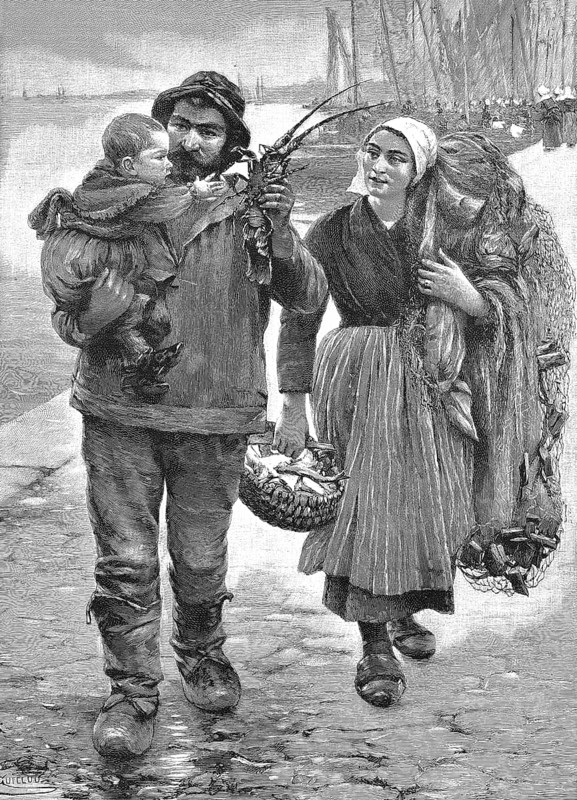 The return of the father, the fisherman is back from his tour and shows his child a crayfish, the fisherman's woman carries a basket with fish and the fishing net, Holland, Historical, digitally restored reproduction from a 19th century original, c. 1890, Record date not stated