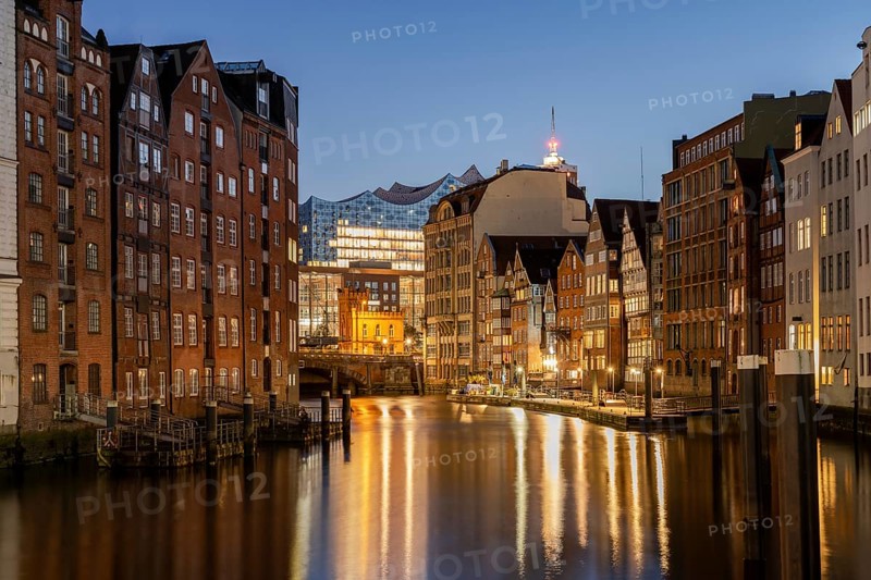 Nikolaifleet with Elbe Philharmonic Hall at the blue hour, Hamburg, Germany, Europe