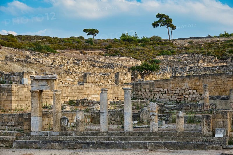 Ancient temple with half-ruined columns and stone structures in a natural setting, Well house, Kamiros, Archaeological site, Ancient city, Foundation of Doric Greeks, Rhodes, Dodecanese, Greek Islands, Greece, Europe