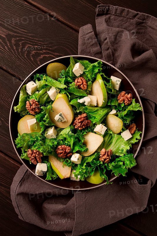 Keto Salad, pear with blue cheese and walnut, selective focus, no people, close-up