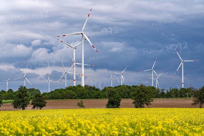 Wind farm east of Geilenkirchen, dark storm clouds, strong wind, rape field, North Rhine-Westphalia, Germany, Europe
