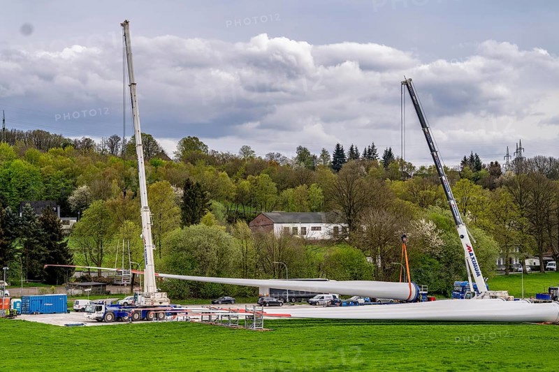Preparation for the transport of a 68 metre long blade, a wind turbine, with a self-propelled Blade-Lifter vehicle, over a 40 km long route in the Bergisches Land, through towns, villages, over country roads, narrow through roads, to the construction site of the wind turbine near Hagen, North Rhine-Westphalia, Germany, Europe