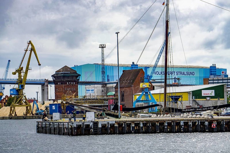 Shipbuilding hall of the former Volkswerft Stralsund shipyard, today part of a maritime industrial park, Stralsund, Mecklenburg-Western Pomerania, Germany, Europe