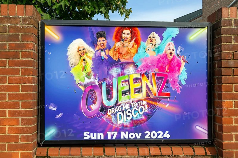 Poster advertising Queenz drag disco tour event performance 17 November 2024, Ipswich, Suffolk, England, UK