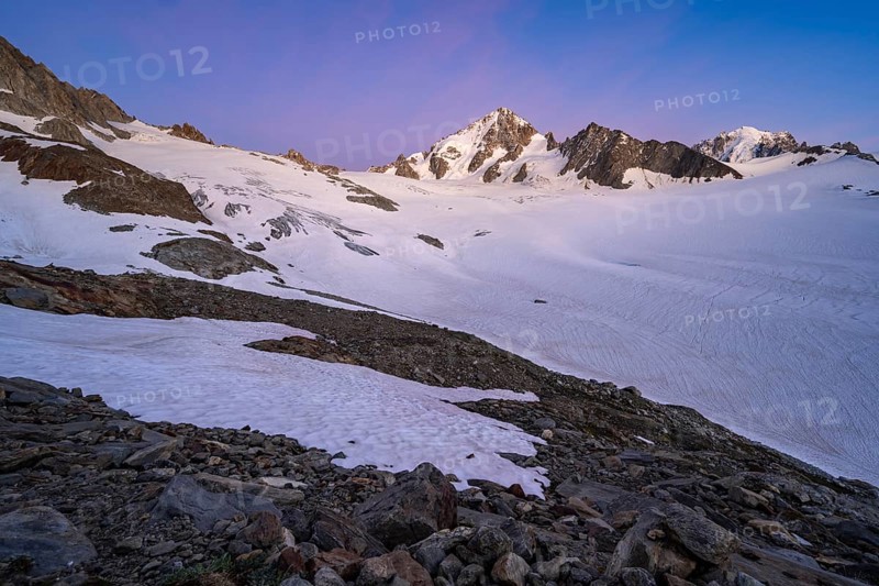 High alpine mountain landscape at sunset, Glacier du Tour, glacier and mountain peak, summit of the Aiguille de Chardonnet, Chamonix, Haute-Savoie, France, Europe