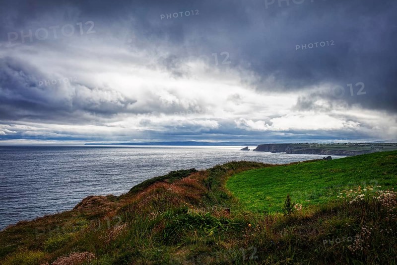 Dramatic coastal landscape with cloudy skies and green meadows bordering the cliffs, Waterford Coast