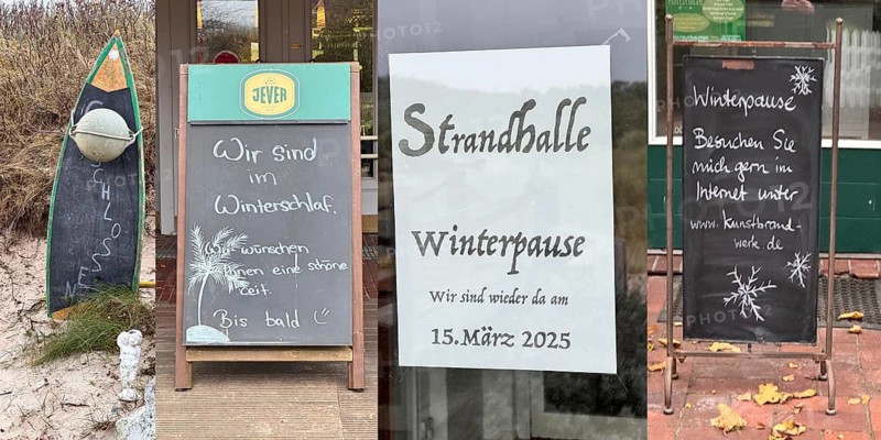 End of the season, winter break on the North Sea, East Frisian island of Spiekeroog, signs for restaurants, retail, Lower Saxony, Germany, Europe