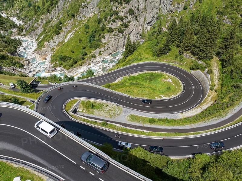 Switchbacks on the Gotthard Pass. Winding Alpine road. Drone photo. Andermatt, Canton Uri, Switzerland, Europe
