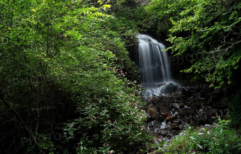Waterfall on the Schenner Waalweg, Neuwaal, stream, long exposure, Schenna, Scena, South Tyrol, Autonomous Province of Bolzano, Italy, Europe