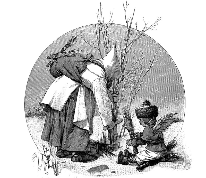 Woman cutting willow rods in winter, with a child with angel wings, historical, digital reproduction of an original from the 19th century