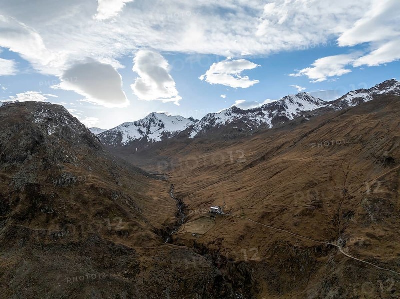 Mountain hut Martin-bush-Hütte, mountain landscape in Niedertal in autumn, aerial view, Vent, Ötztal Alps, Tyrol, Austria, Europe