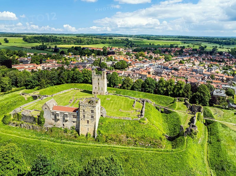 Helmsley Castle from a drone, North York Moors National Park, North Yorkshire, England, United Kingdom, Europe