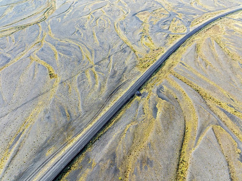 Top down view of the ringroad no. 1, crossing the Skeidararsandur, a flood plain created by glacial rivers in the Skaftafell area, Iceland, Europe