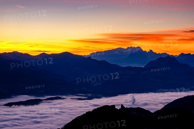 Dawn with a view of the Osterhorn group and Dachstein, fog in the valley, Marktschellenberg, Berchtesgadener Land, Upper Bavaria, Bavaria, Germany, Europe