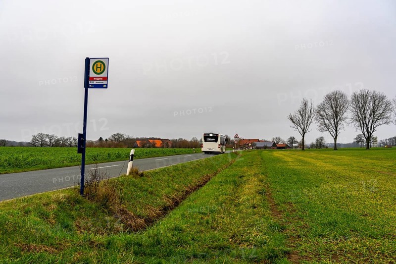 Bus stop Wiggers, in the countryside, near Sendenhorst, line R55, RVM Regionalverkehr Münsterland, from Ahlen to Sendenhorst, runs hourly on weekdays, at weekends only on request by Taxi Bus, Münsterland