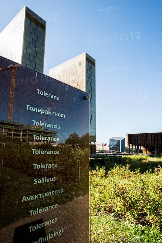 Stele with the inscription Tolerance, European Court of Justice, ECJ, Kirchberg Plateau, Luxembourg City, Luxembourg, Europe