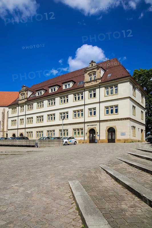 Backnang Castle, Schickhardt Castle, ducal castle, historic building, built between 1605 and 1627 by Heinrich Schickhardt, 17th century, today the district court of the city of Backnang, Stiftshof, on the left collegiate church St. Pancratius, Protestant collegiate church, sacred building, Backnang, Rems-Murr district, Baden-Württemberg, Germany, Europe